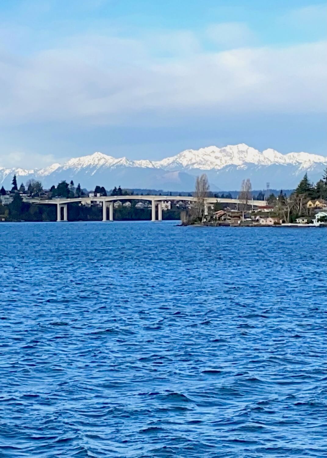 A view of the rising Olympic Mountains from a Washington State Ferry arriving at Bremerton. The mountains are covered with fresh white snow and the town below is situated on the blue water of the Salish Sea.