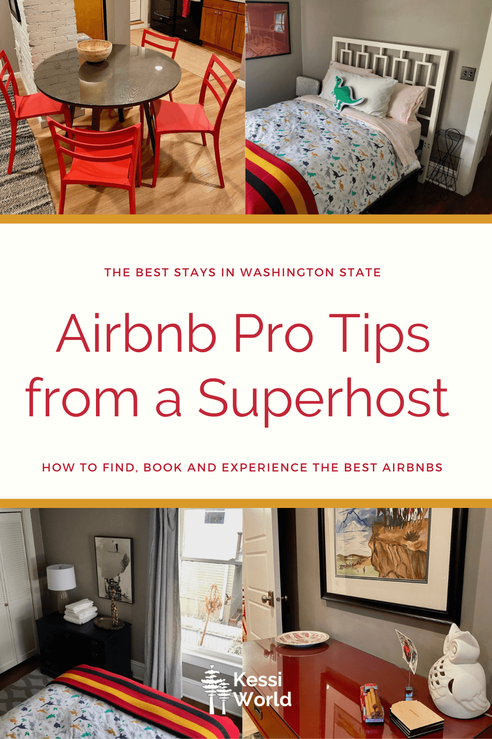 This pinterest tile outlines the best pro tips for booking an Airbnb in Washington State and shows four photos of features of different listings along with orange highlights and red print. 