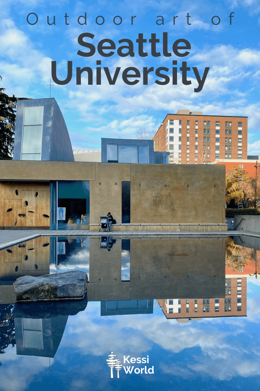 This Pinterest pin shows The Chapel of St. Ignatius on the campus of Seattle University offers a unique architecture with a variety of geometrical shapes towering over a rectangular reflection pool.