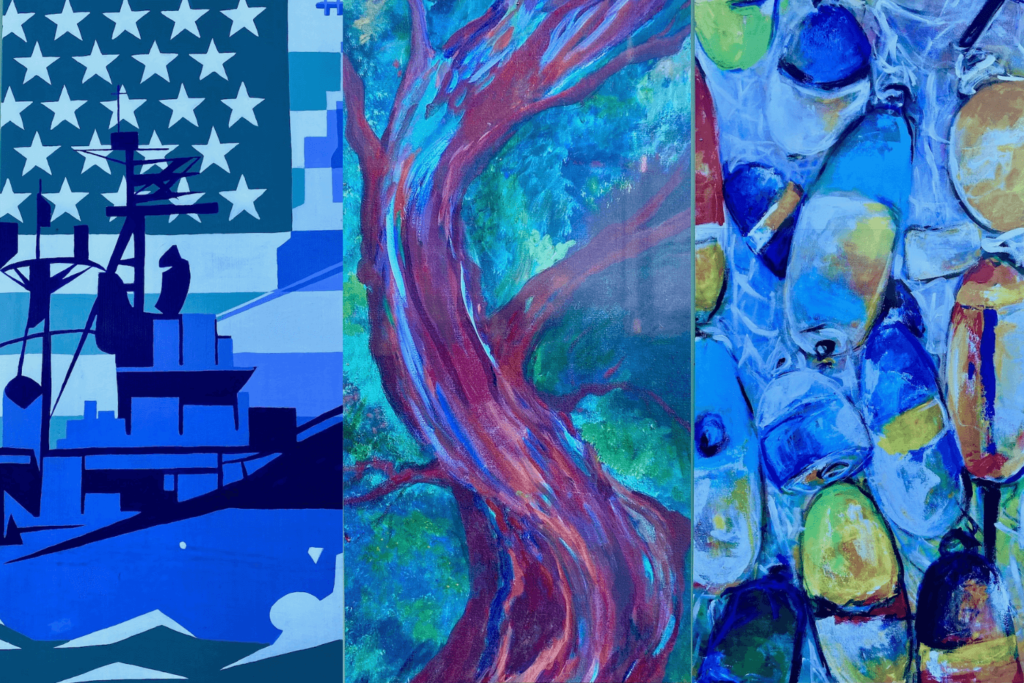 Three pieces of vertical artwork from the streets of Bremerton, Washington depicting a navy ship, a cedar tree and buoys used for fishing.