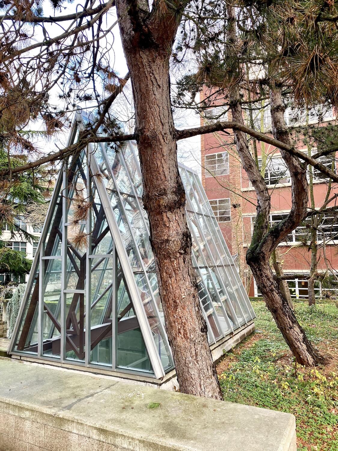 An a-frame of glass rises up above a landscape area of Seattle University with pine trees.  In the background a brick building rises up. 