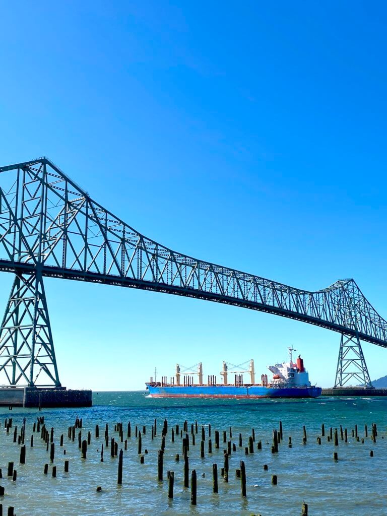 A large sea going vessel floats underneath the Astoria Bridge on the way out to sea. The ship is carrying grain and has a blue hull with white upper decks. The Astoria Bridge rises high up into the blue sky. Pacific Northwest travel always involves water.