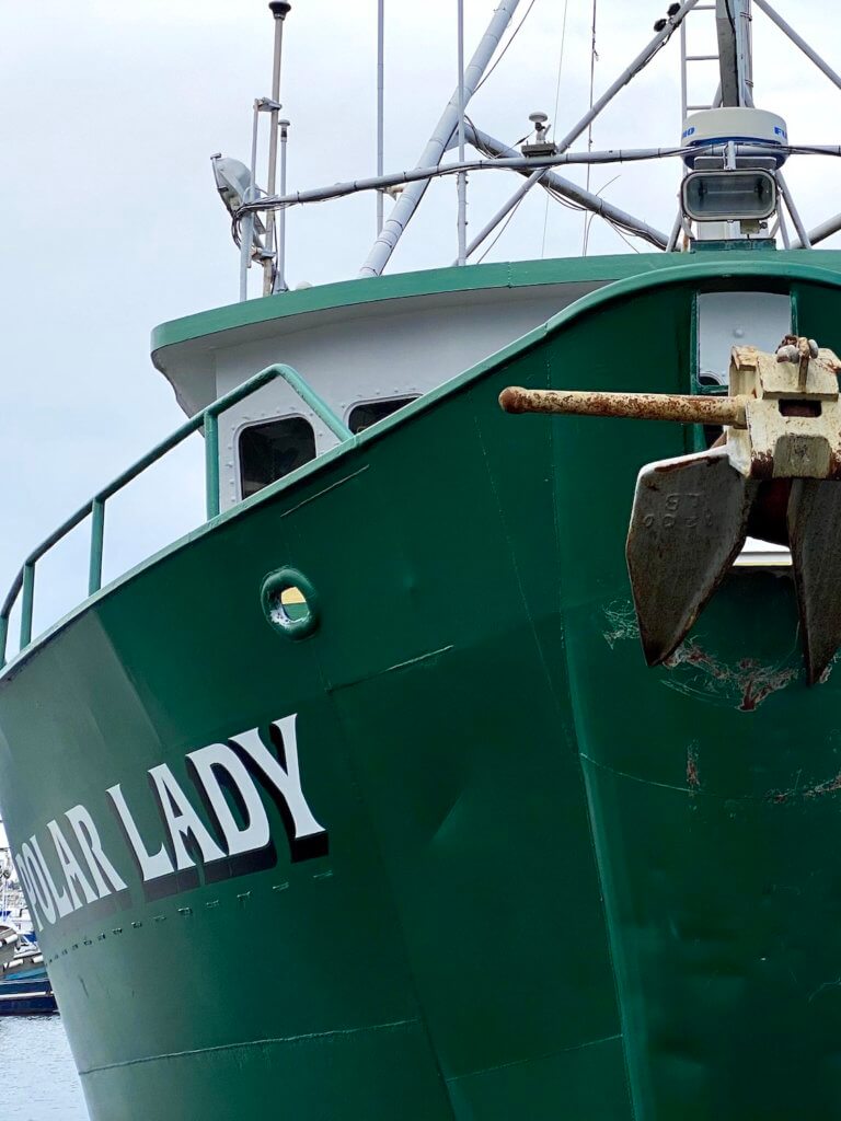 A variety of fishing vessels come together at the marina, adorned with fishing nets and other gear.  