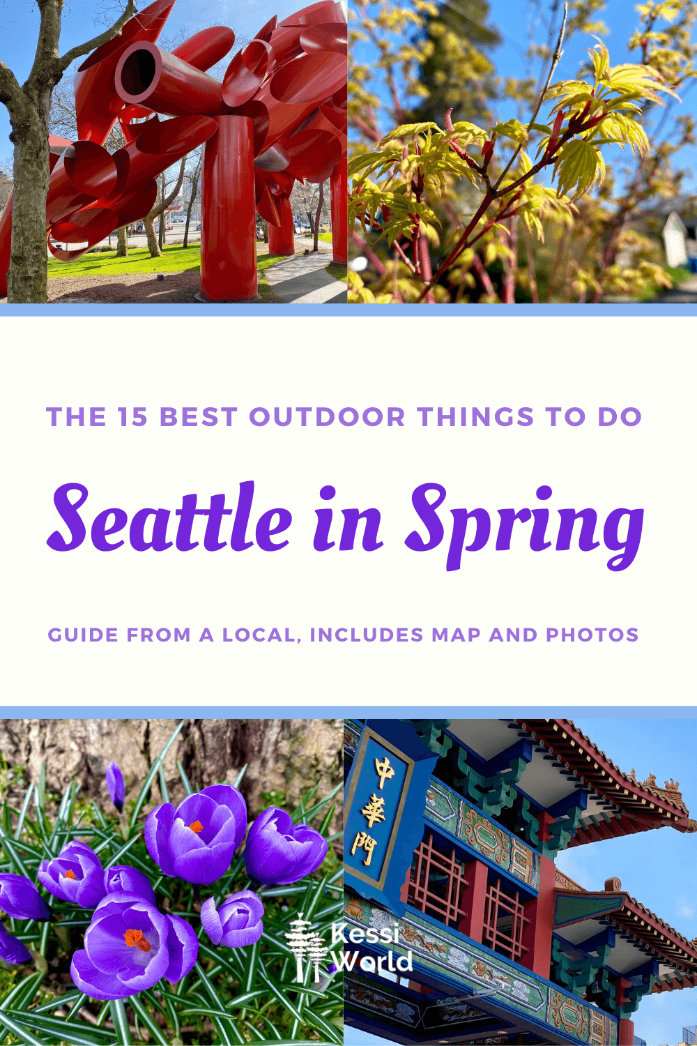 This Pinterest pin shows four small photos of different things to do in the outdoors in spring in Seattle. 