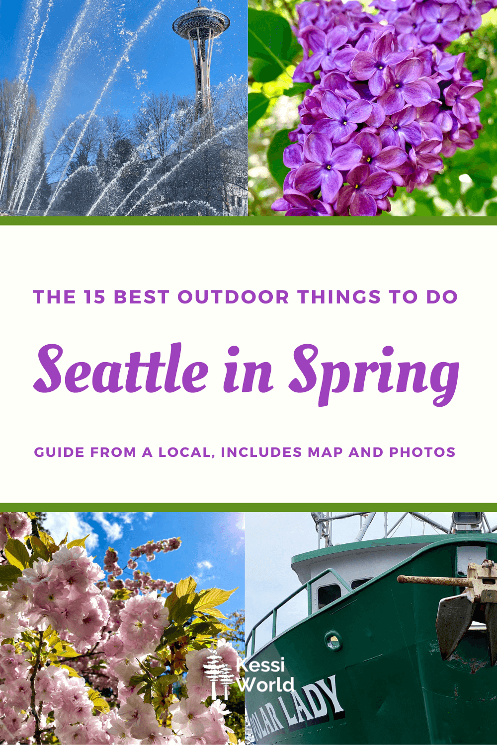 This Pinterest pin shows four Spring scenes depicting outdoor things to do in Seattle. The Lettering is a happy purple with lime green accents. 