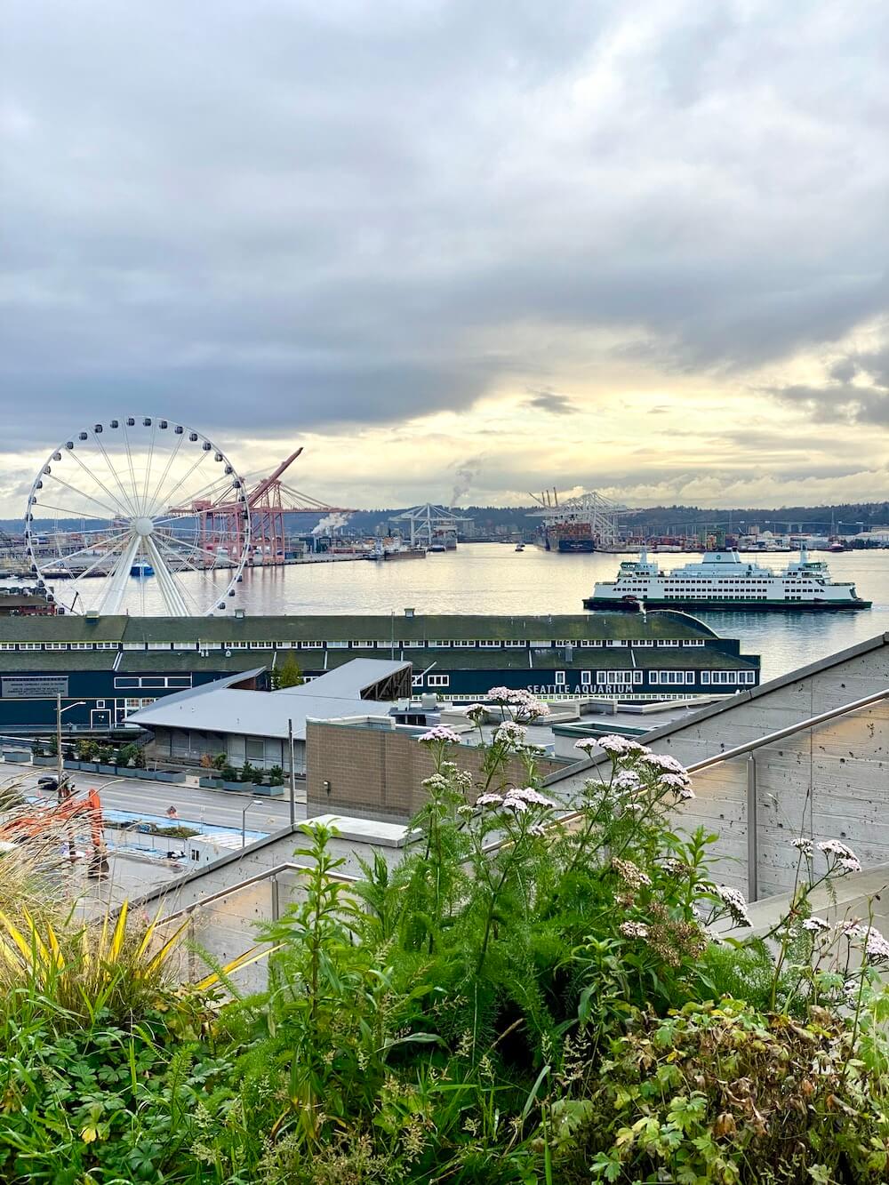A view from Pike Place Market in Downtown Seattle looking toward the Salish Sea.  The Seattle Great Wheel and a Washington State Ferry approaches the dock in the distance. 