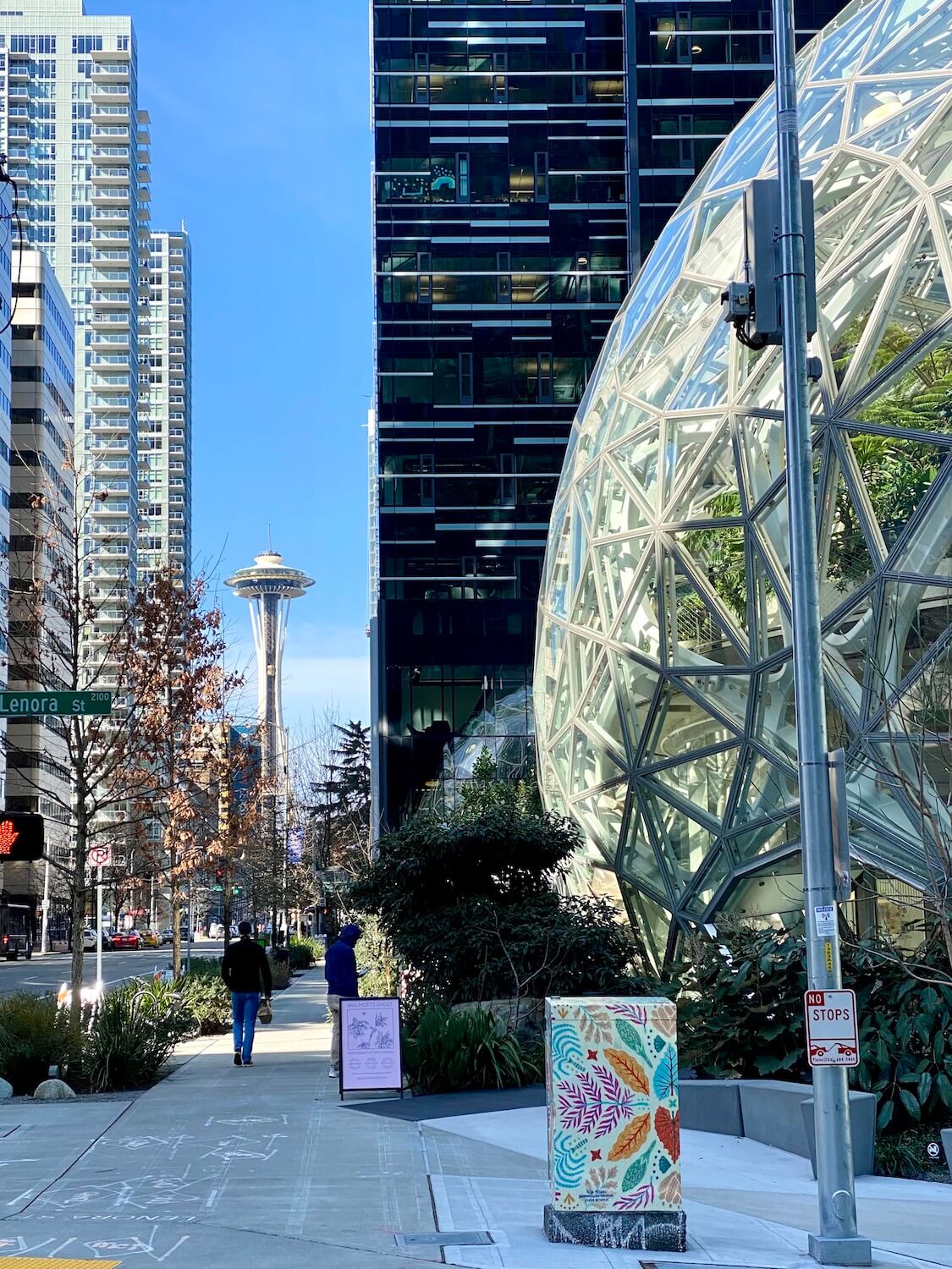 The Space Needle rises in the background of this shot taken near the Amazon Spheres in Downtown Seattle.  The modern buildings are a fun thing to explore when outdoors in the Summer. 