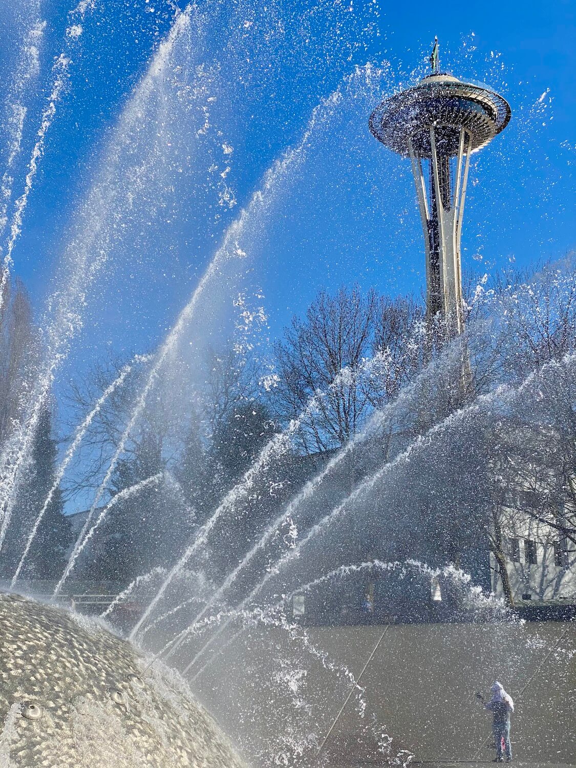 Seattle Center is a fun place to explore when outdoors in the Spring.  Here, the International Fountain sprays multiple streams of water in the air, showing off all the droplets while the proud Space Needle rises above the shot in a blue sky.  