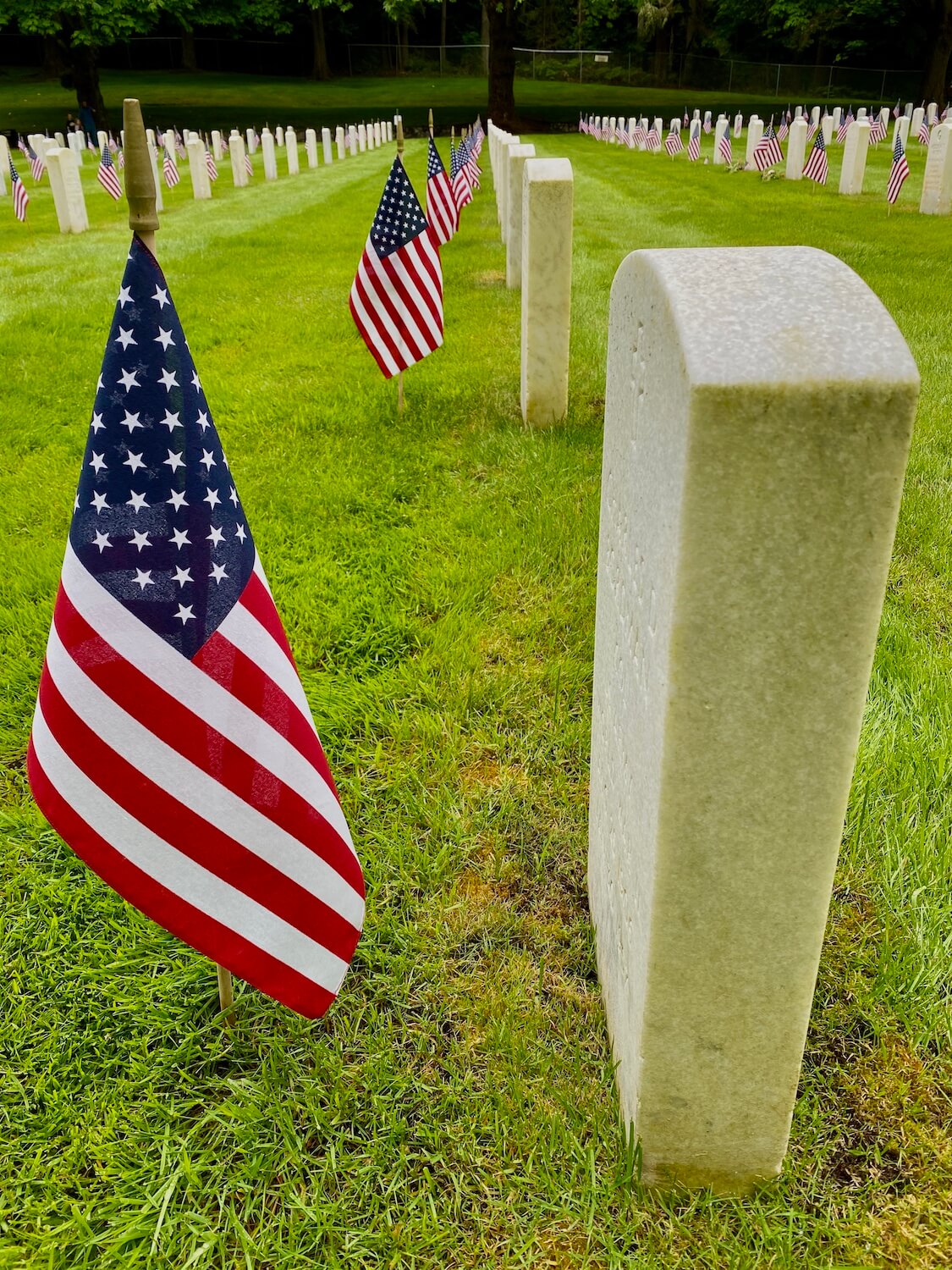 Cream colored marble grave markers are lined up in the hundreds at this military cemetery in Seattle.  For the 4th of July celebration, each market has a crisp American flag placed upright in front of the stones on a neatly mowed field of green grass. 