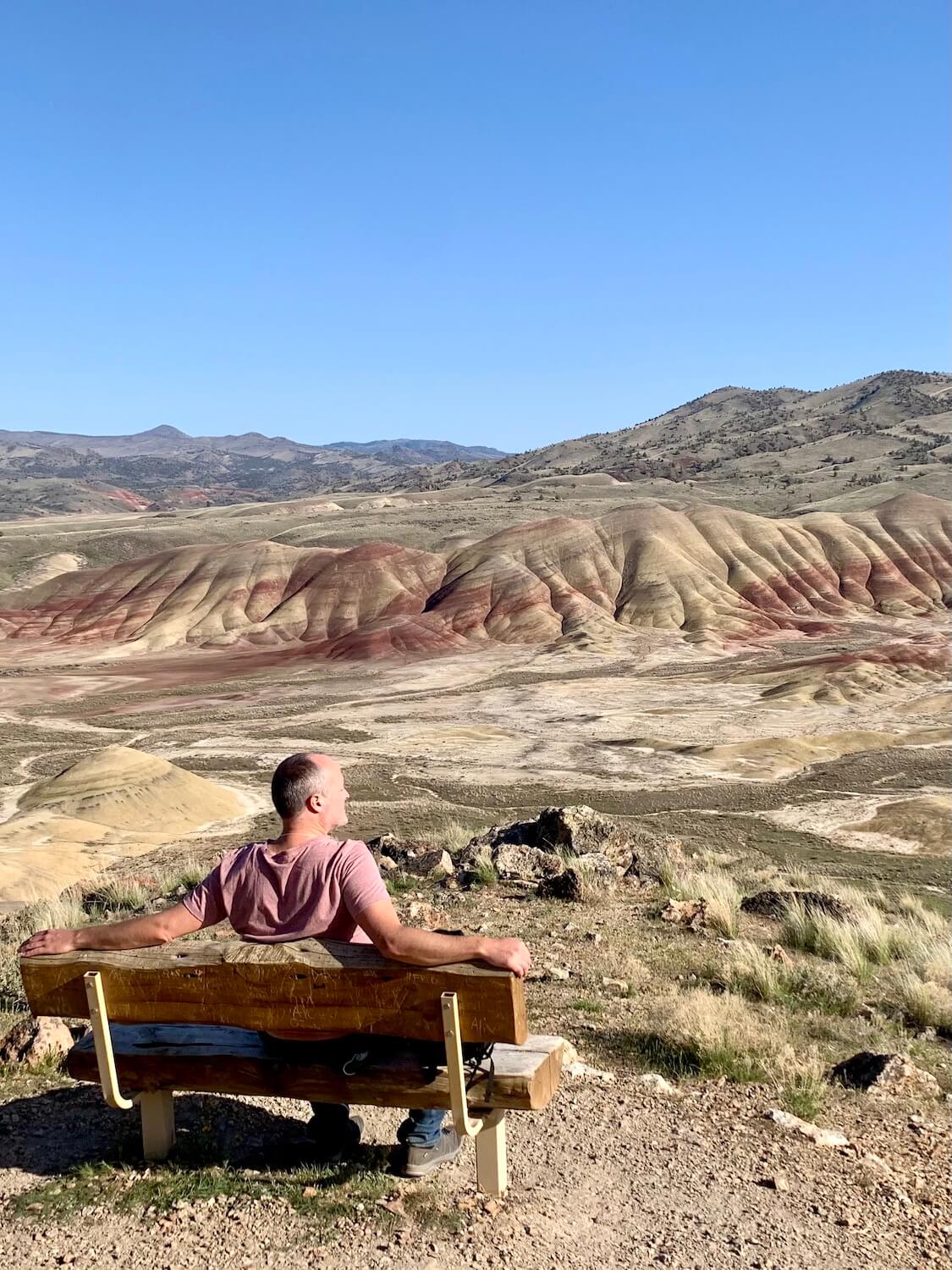 Matthew Kessi sits on a bench looking out toward the largest expanse of colored hills in the Painted Hills monument, which is part of the John Day Fossil Beds National Park.  He is wearing a purple t-shirt and appears to be resting while looking at the beautiful view in front of him.  The green rolling hills cascade toward a blue sky above the horizon.  