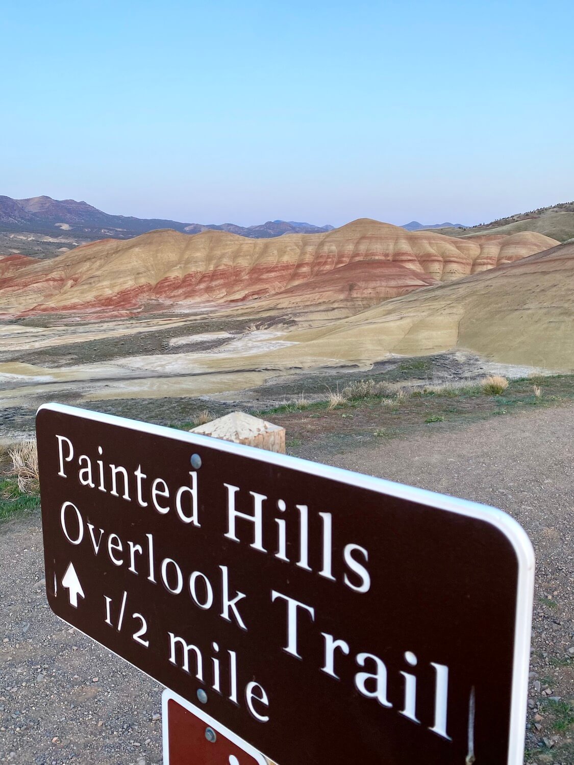 This photo of the Painted Hills Overlook Trail shows a near sunset view of the flowing mounds of soil rich with diverse colors and textures in the distance.  