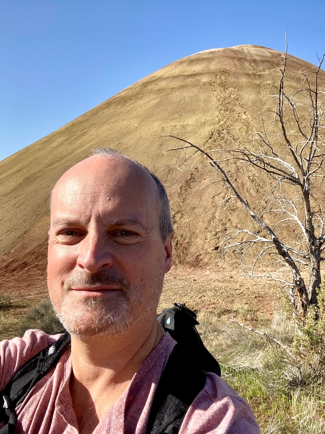 A selfie of Matthew Kessi in front of the yellow side of the large anthill-like mound.  He's smiling in front of a dormant tree with white branches and the sky above is blue. 