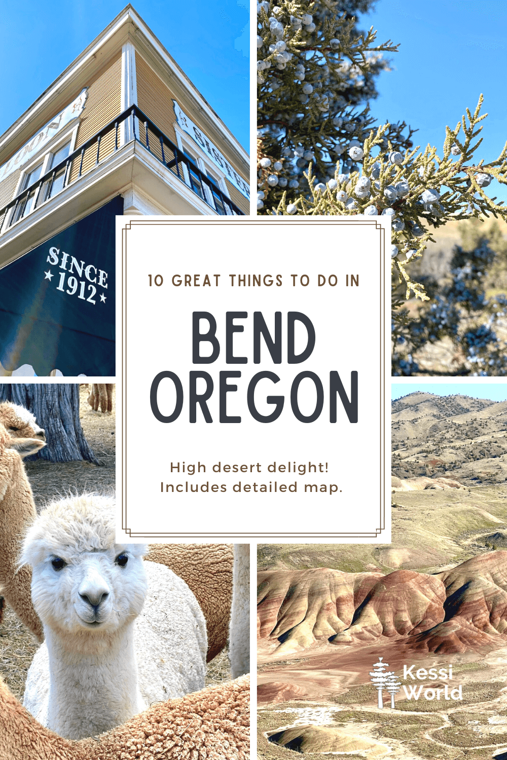 This Pinterest Pin has four tiles with different things to do in Bend, Oregon and includes a picture of a cute white Alpaca, the Painted Hills, juniper berries and an old historic saloon. 