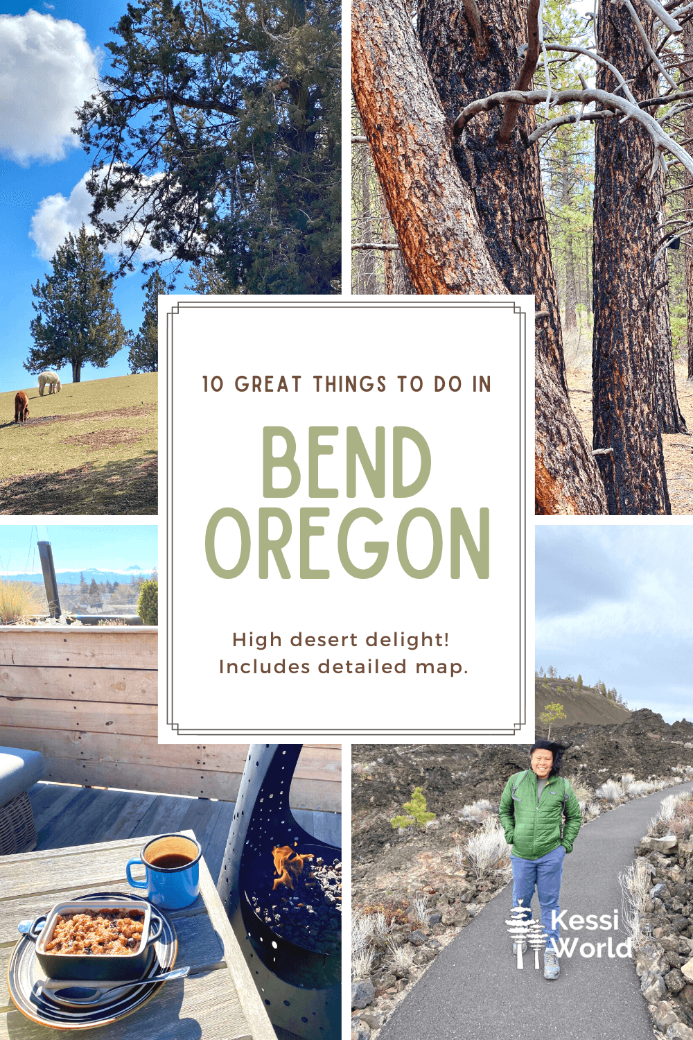 This Pinterest pin highlights 10 great things to do in Bend, Oregon and includes four photos of pine trees, lava, alpacas and a fireplace burning next to coffee and cobbler. 