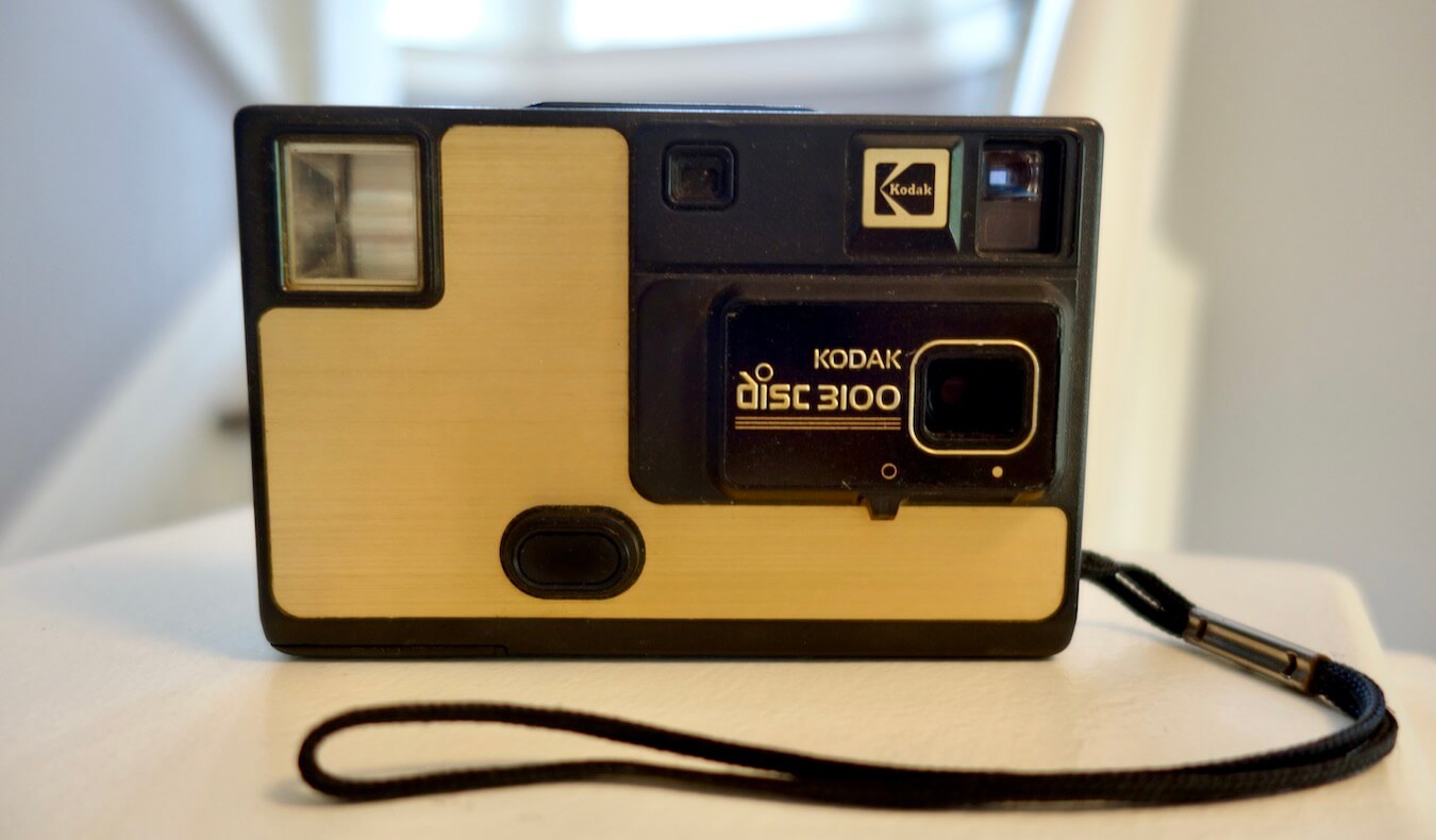 A camera in the archives of Matthew Kessi, this Kodak Disk camera from the 1980's has a copper panel over black plastic casing. 