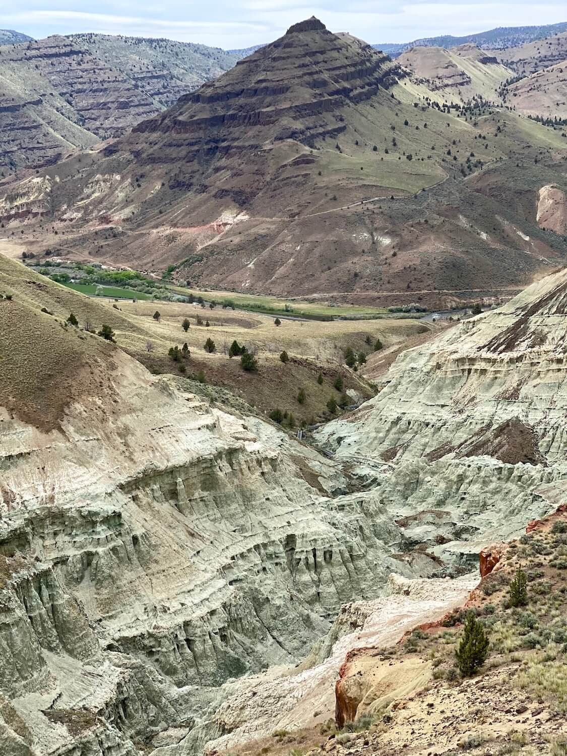 The Blue Basin Overlook trail in the John Day Fossil Bed National Monument looks out over blue ridges of chalky canyon formed millions of years ago. There is a layered canyon ridge in the background.