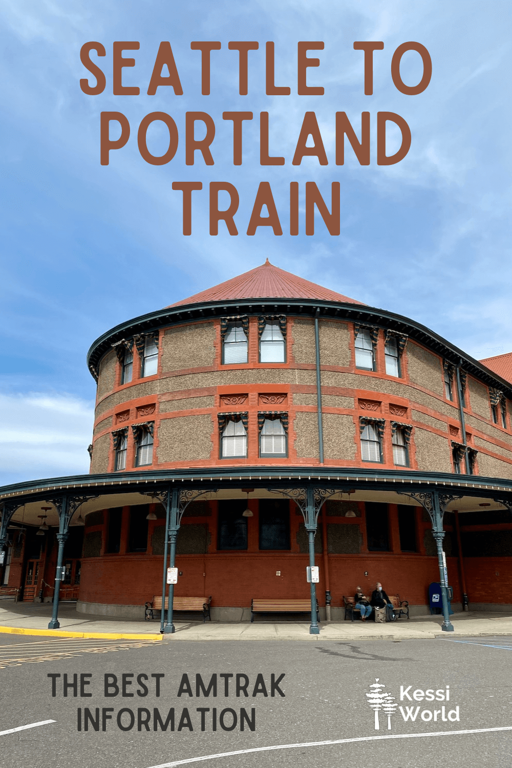 This Pinterest pin shows Union Station in Portland, Oregon with red brick that's framed in by greenish-gray metal posts and trim on the winders.  The letters say Seattle to Portland Train, the best Amtrak Information. 