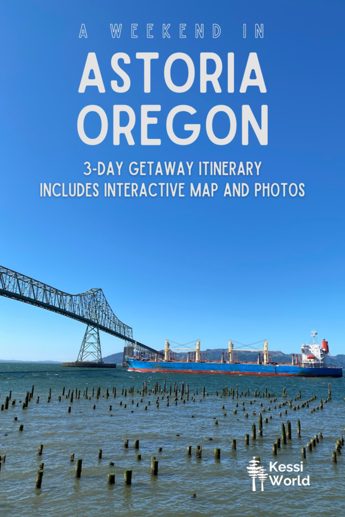 This Pinterest Pin depicts a weekend getaway to Astoria Oregon and shows  a large tanker painted blue and red passing underneath the mammoth Astoria Bridge.  In the foreground hundred of wood pilings pop up from the River. 