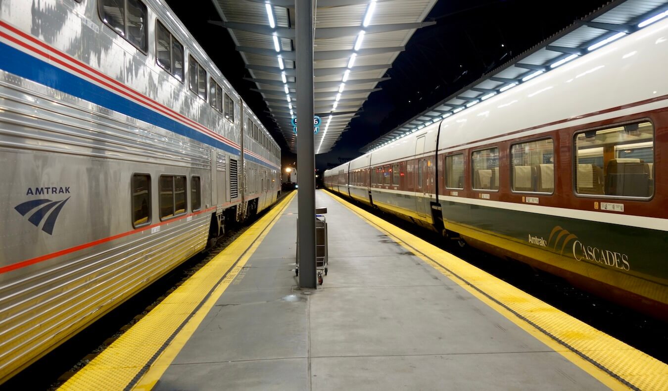 Amtrak has two types of trains between Seattle and Portland and this photo shows both the double decker and single level version.  