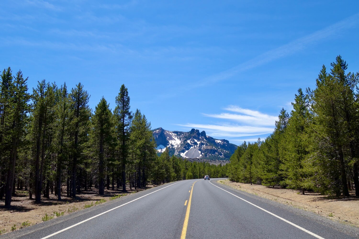 A photo taken looking at Paulina Peak on an Oregon road trip near Bend.  There are green fir trees on either side of the road and the snow covered mountain rises up above the road underneath a blue sky.