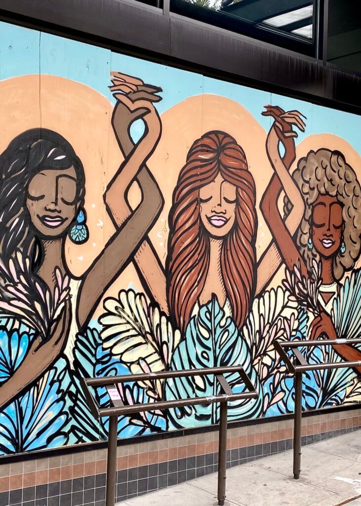 This plywood wall mural on Capitol Hill in Seattle showcases the abundant art available as an outside thing to do.  Here, three different women of color have hands intertwined with each other and stand within various colored ferns.  
