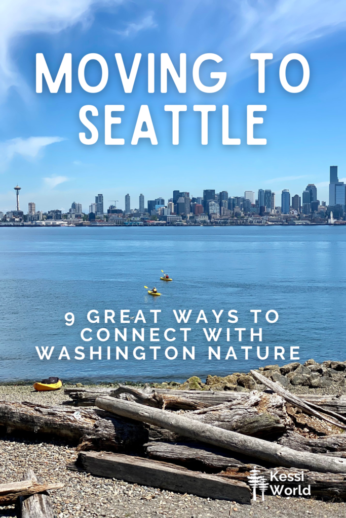 This Pinterest tile says Moving to Seattle and the shot shows the skyline of Seattle from the beaches of West Seattle.  There are a number of large drift logs on the sandy beach while several boaters paddle kayaks in the blue waters of the Salish Sea.