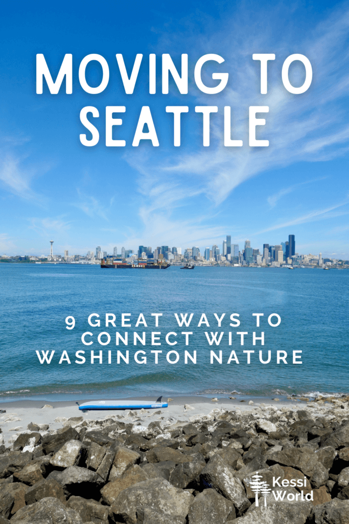 Pinterest pin showing a watery scene viewing the skyline of Seattle from a beach in West Seattle. 