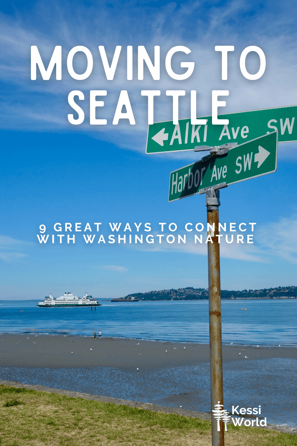 Pinterest pin showing a ferry crossing the Salish Sea from the low tide beaches of West Seattle.