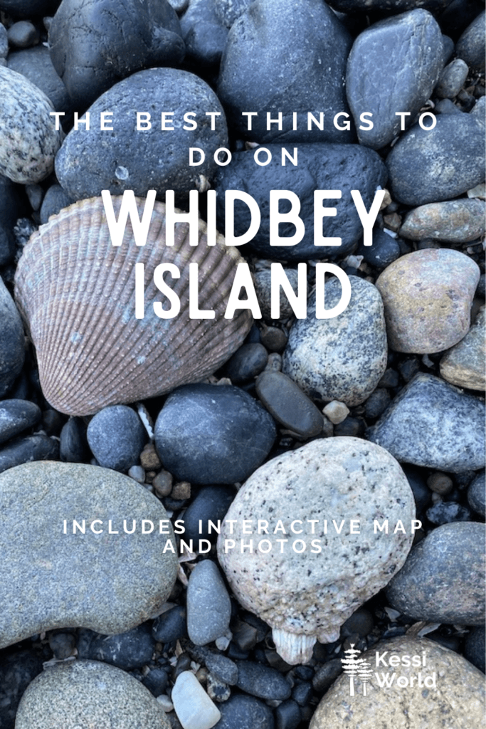 Pinterest Pin showing a beach shot with a variety of rocks of different sizes and shapes as well as a scalloped seashell.  The tile depicts things to do on Whidbey Island.