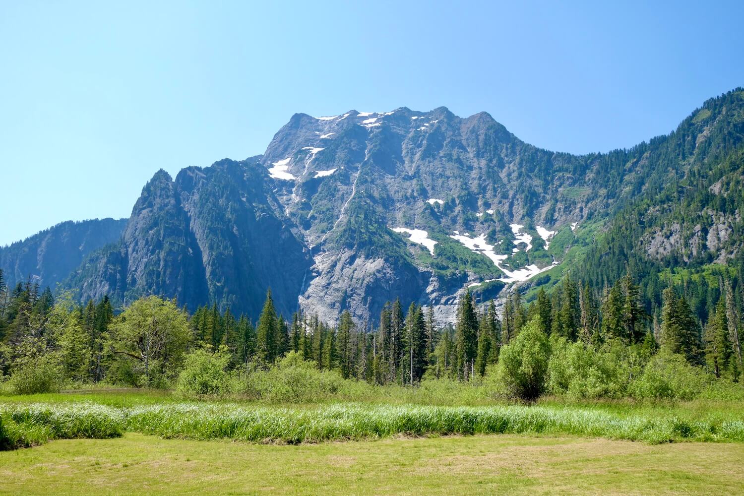 Big Four Mountain commands this landscape photo with patches of snow amongst fir forests and a mowed meadow in the foreground.