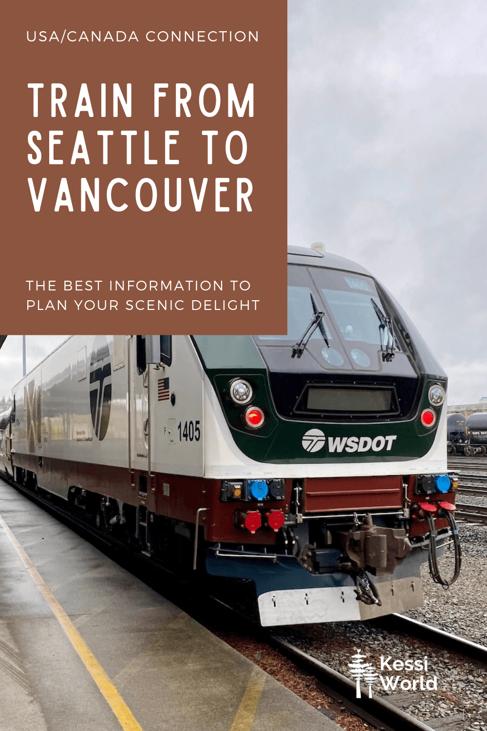 This Pinterest Pin shows a train that's part of Amtrak Cascades traveling between Seattle and Vancouver. It is stopped on a track and the platform is concrete with yellow painted lines. The green and white front of the Amtrak train says SWDOT.