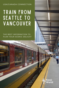 This Pinterest pin shows an Amtrak Cascades train waiting at the station ready to depart from Seattle to Vancouver. There is a thick yellow line on the edge of the platform to inform customers of safety and there is a conductor wearing a blue uniform towards the end of the station.