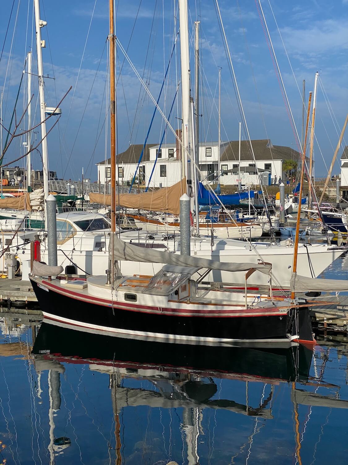 A wooden boat painted black with red accents sits in a harbor around a bunch of other sailboats. The reflection of the sailboat glows in the water under the blue sky.