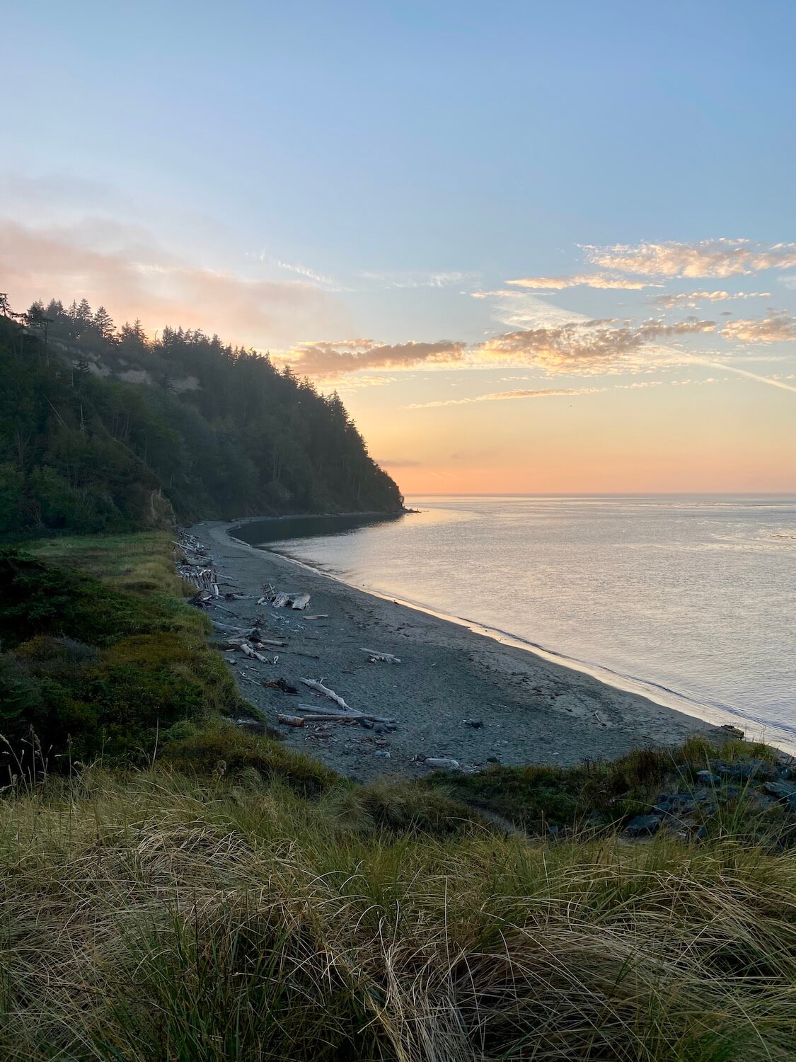The sun sets over the Strait of Juan De Fuca near Port Townsend, Washington. The beach has small pebbles as light waves approach the shore. Thick green sea grasses line the area between the beach and hillside.