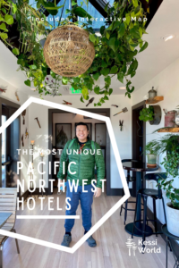 This Pinterest Pin shows an asian man standing in an atrium with the white letters saying the most unique Pacific Northwest hotels. He's smiling and there are all kinds of plants in cool containers on the wall and ceiling.
