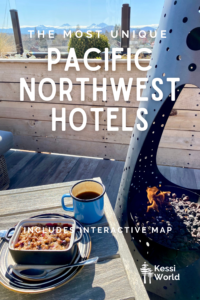 This Pinterest pin has white letters that say the most unique Pacific Northwest Hotels. There is a cup of coffee and crumbly cake on a table next to a metal heater.