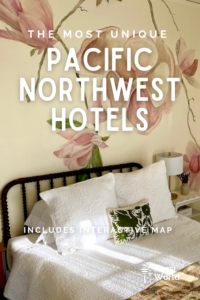 This Pinterest pin shows a brightly colored hotel room with beautiful artwork on the wall painted pink flowers.
