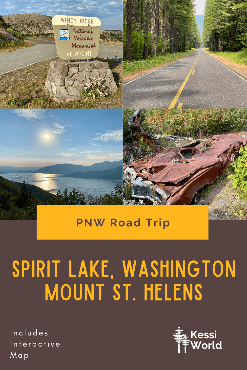 This Pinterest Pin talks about a Pacific Northwest Road Trip to Spirit Lake, Washington, which cuts through Mount St. Helens. The colors are brown and yellow and there are four small square photos of various natural features on the itinerary.