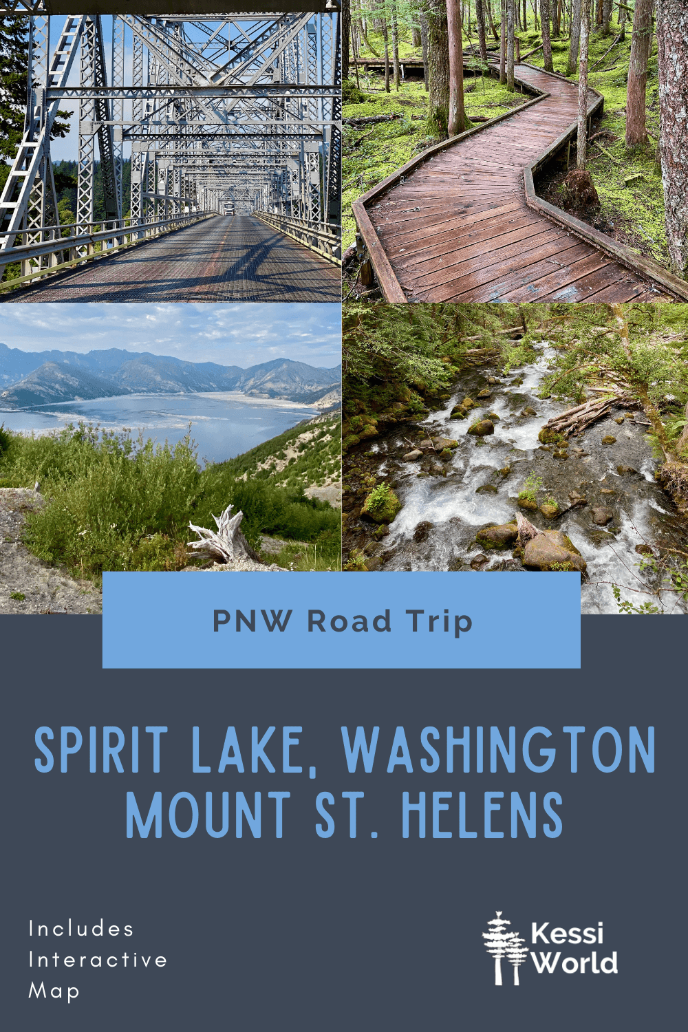 This Pinterest Pin talks about a Pacific Northwest Road Trip to Spirit Lake, Washington, which cuts through Mount St. Helens. The colors are blue and light blue and there are four small square photos of various natural features on the itinerary.