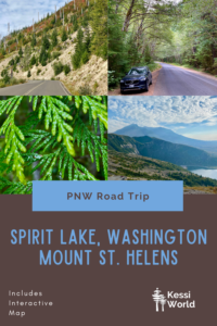 This Pinterest Pin talks about a Pacific Northwest Road Trip to Spirit Lake, Washington, which cuts through Mount St. Helens. The colors are brown and blue and there are four small square photos of various natural features on the itinerary.