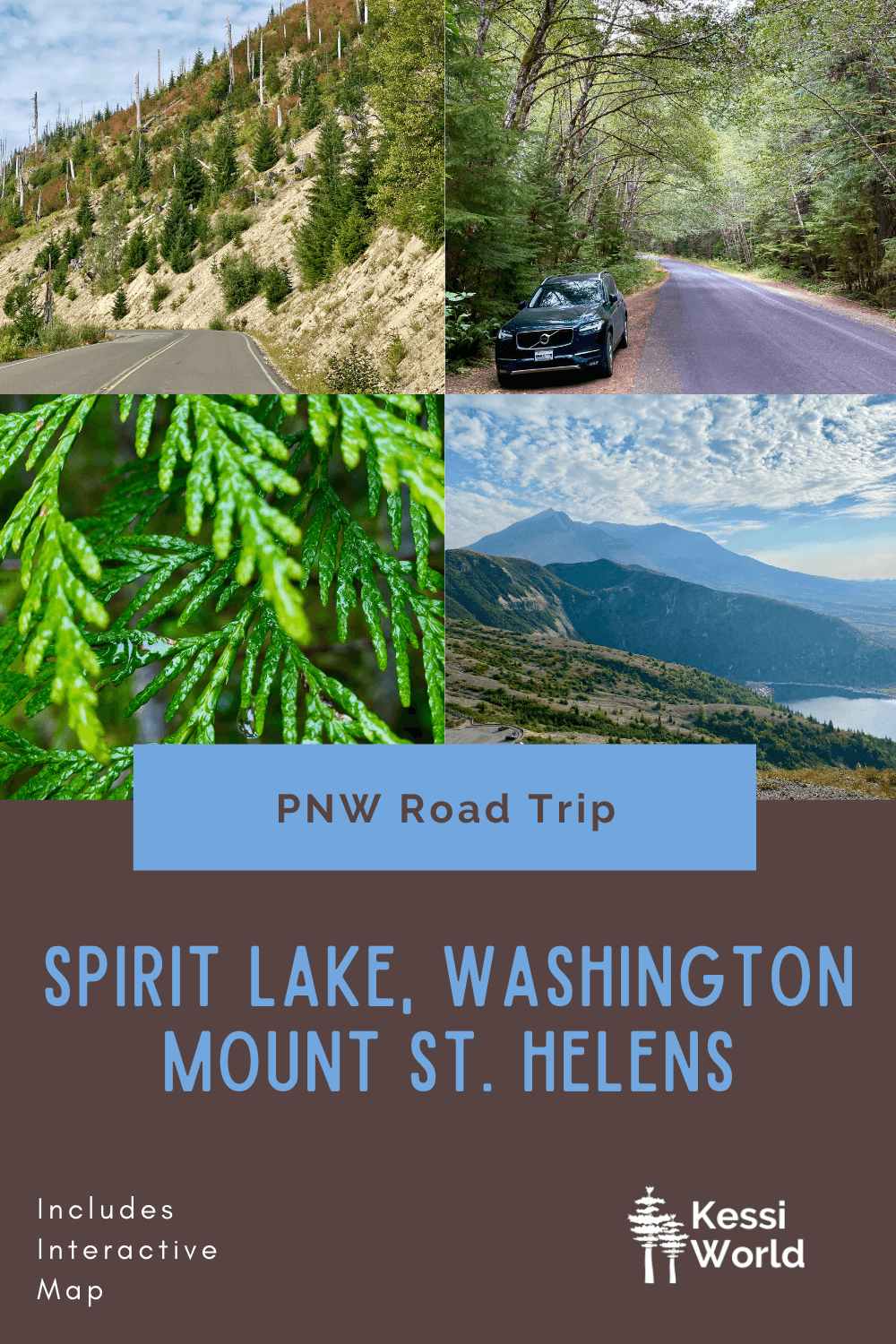 This Pinterest Pin talks about a Pacific Northwest Road Trip to Spirit Lake, Washington, which cuts through Mount St. Helens. The colors are brown and blue and there are four small square photos of various natural features on the itinerary.