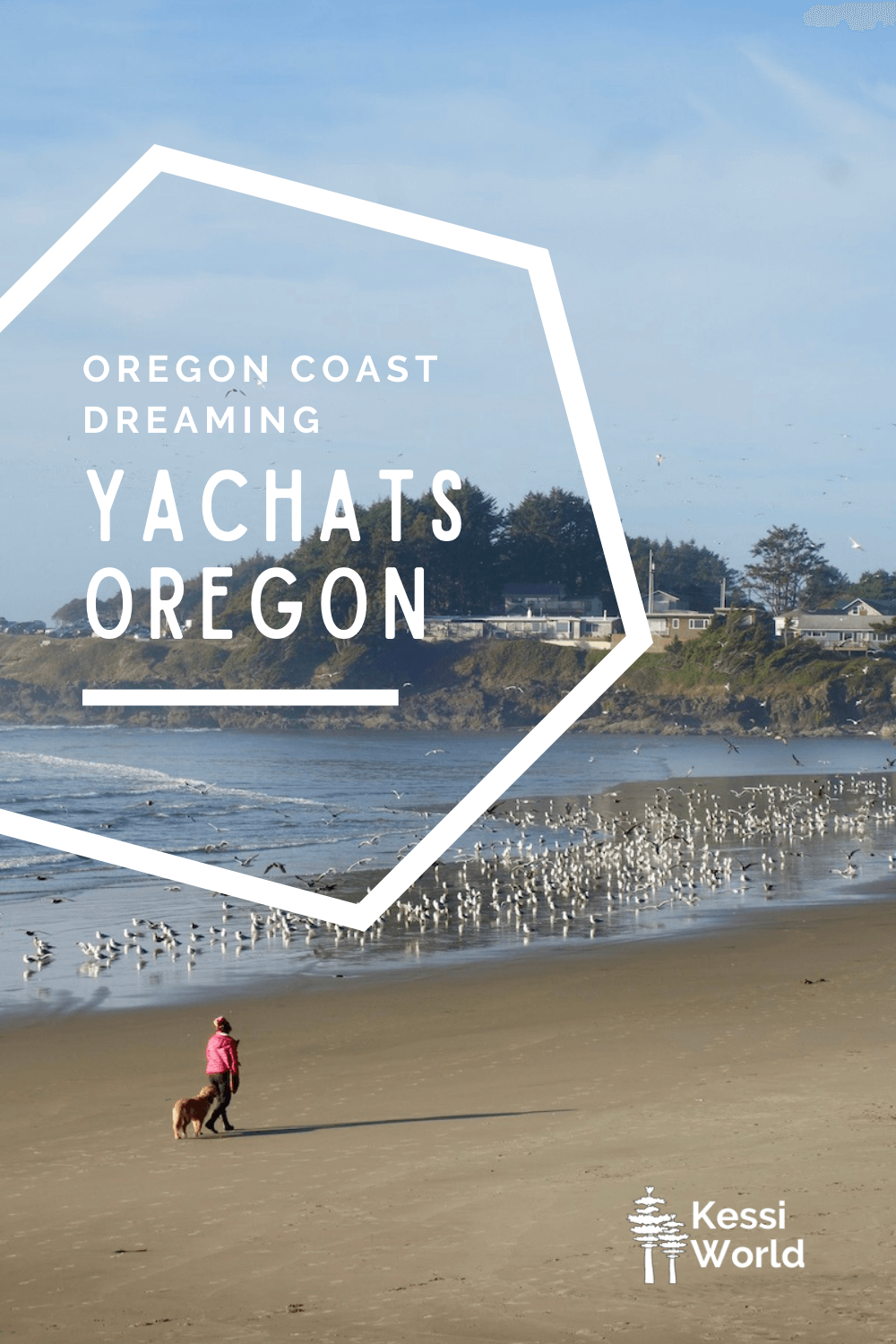 This Pinterest Pin shows the beach at Yachats, Oregon with a woman in pink walking her dog on the beach.