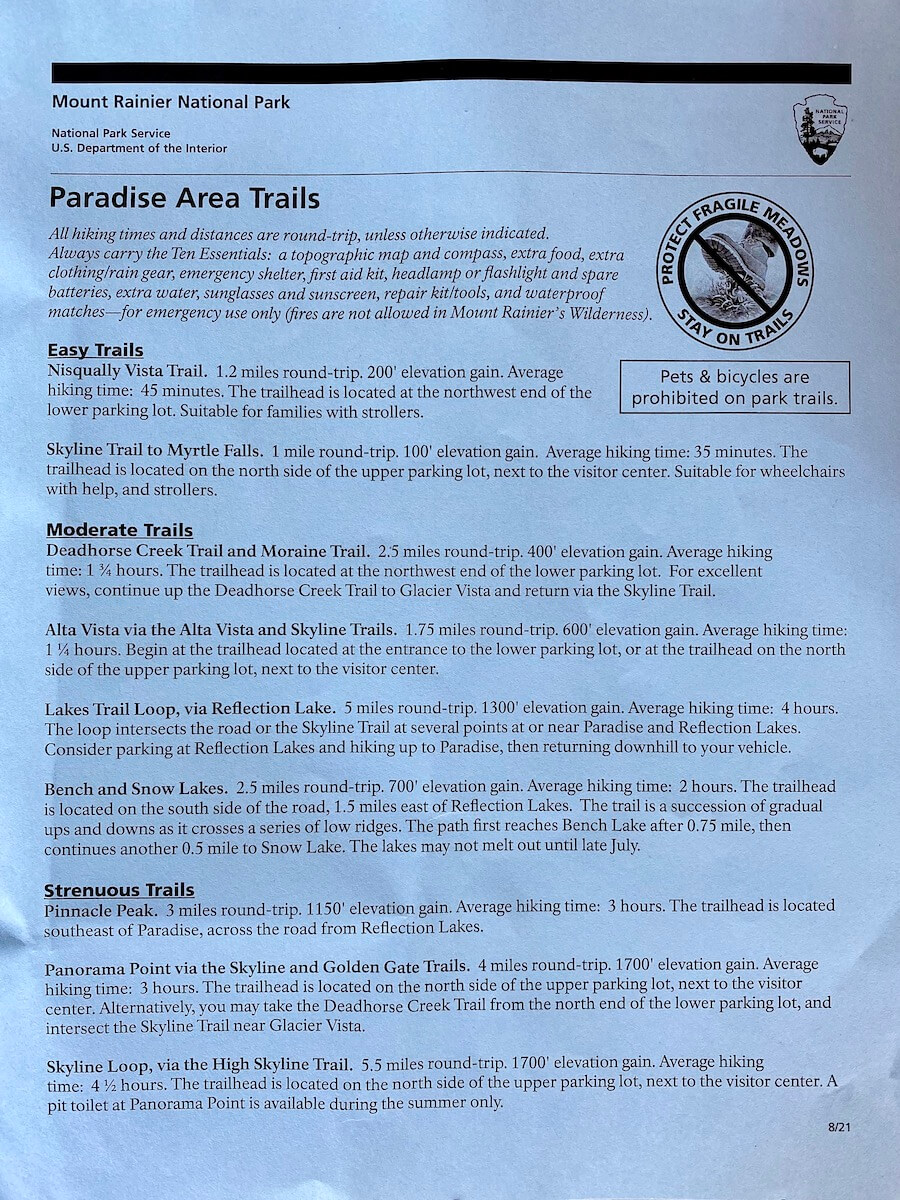 Written overview of the hiking trails around Paradise on Mt. Rainier.