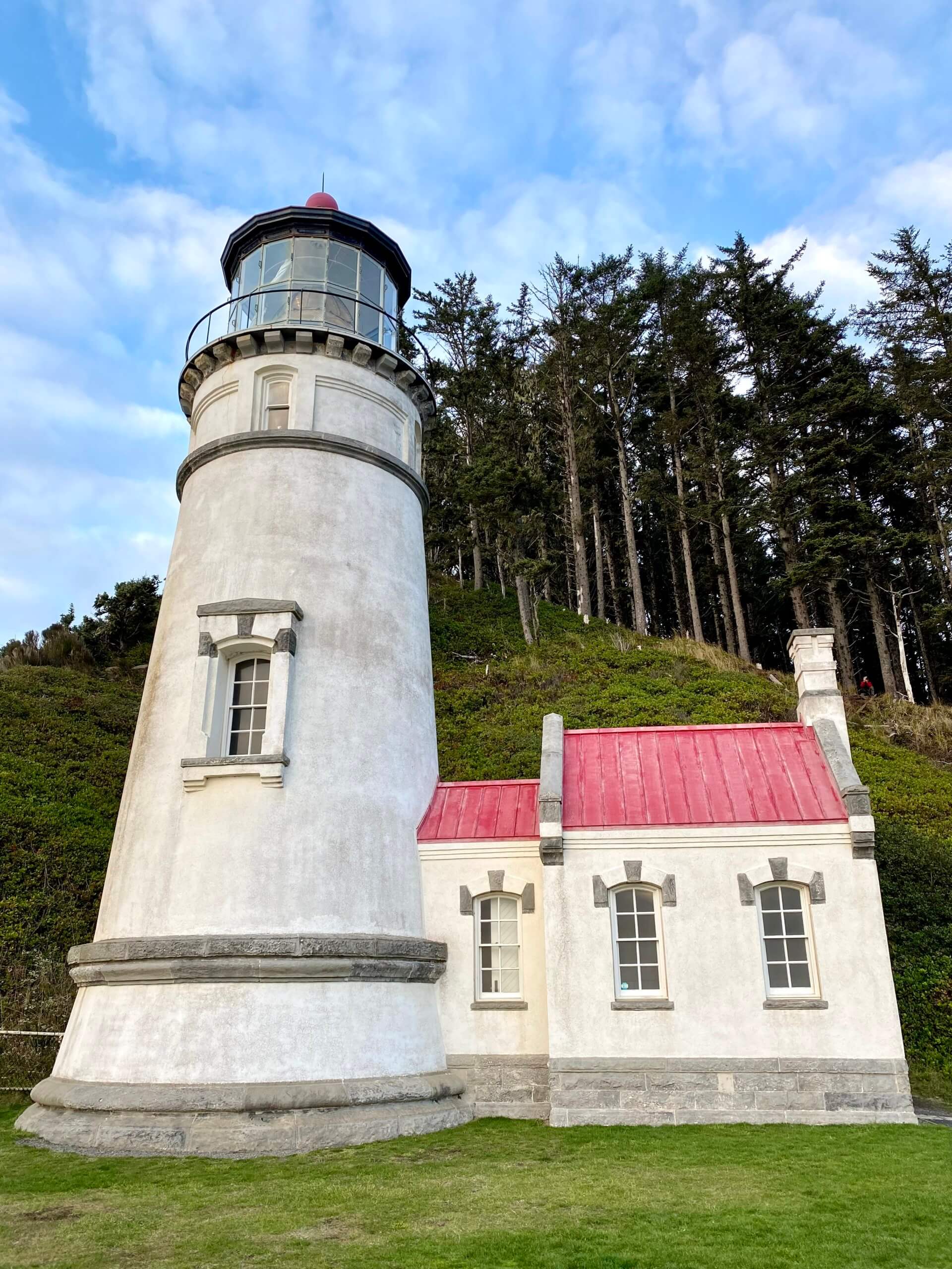 Heceta Head Lighthouse is iconic, with red metal roof and white scrubbed stucco exterior. The blue sky above has puffy clouds and the grass is a bright green.