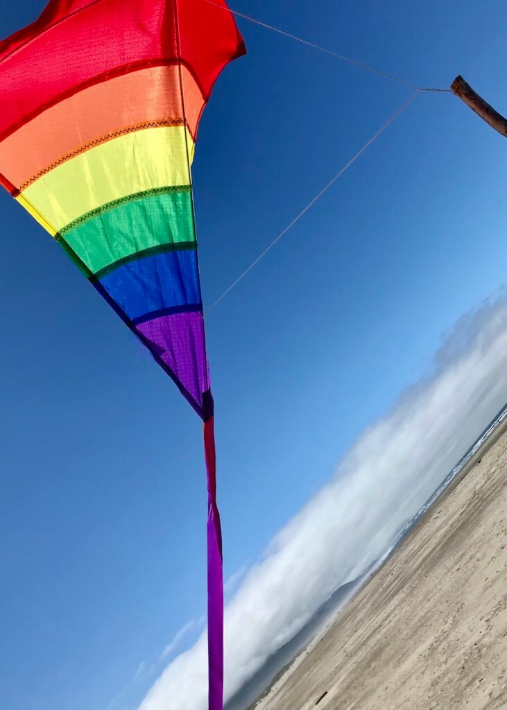 A kite with rainbow colors flies in the sky above a broad sandy beach on the Oregon Coast. The purple tail flows in a way that livens the soul.