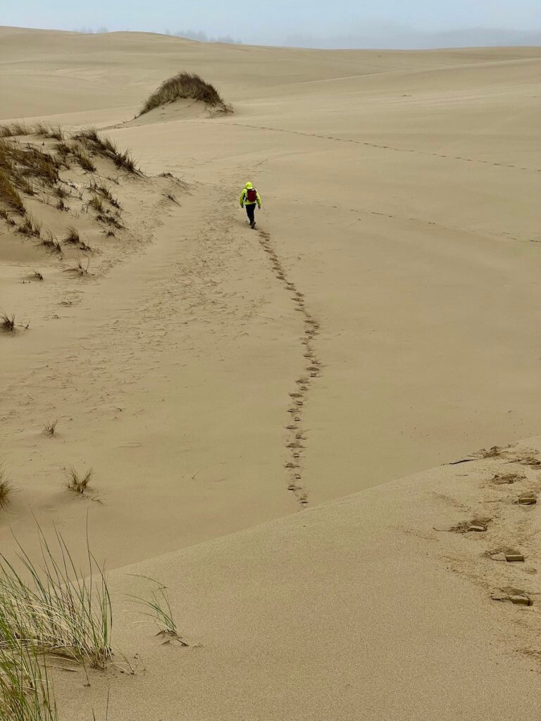 A man walks across the sand in the Oregon Dunes National Recreation Monument. He's wearing a bright yellow jacket and a backpack and the sand seems to continue on forever.