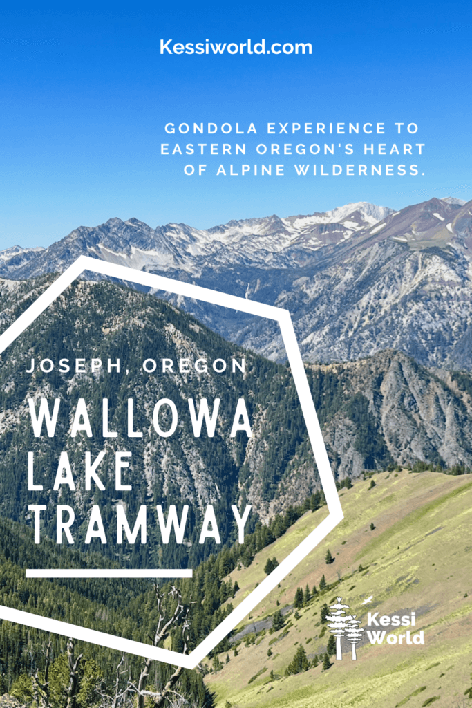 This Pinterest Pin shows The beautiful rocky peaks of the Wallowa Mountains near Joseph, Oregon. The layers of rocky peaks flow in with fir trees covered a closer in side of Howard Mountain and one side has an open meadow of green grass. The sky above is bright blue.