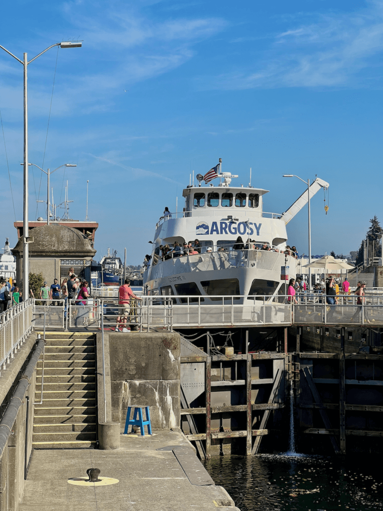 An Argosy cruise ship is in the Ballard Lock where a staircase can be seen under a blue sky day.