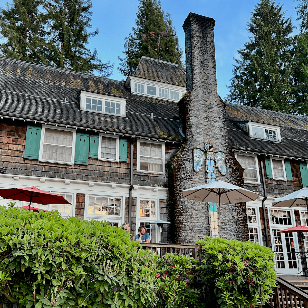Lake Quinault lodge is a wonderful place to find connection to nature. The lodge is old wood style with a large brick fireplace rising up to the blue sky while fir trees frame int he shot.