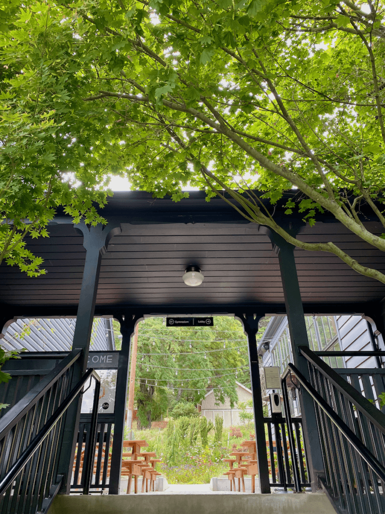 Stairs lead up to the entrance to the Society Hotel in the Columbia River Gorge. This is an example of an Oregon and Washington Hotel catering to a beautiful natural area. The stairway and roof are all painted a dark chocolate color while bright green maple leaves drape on the entrance.